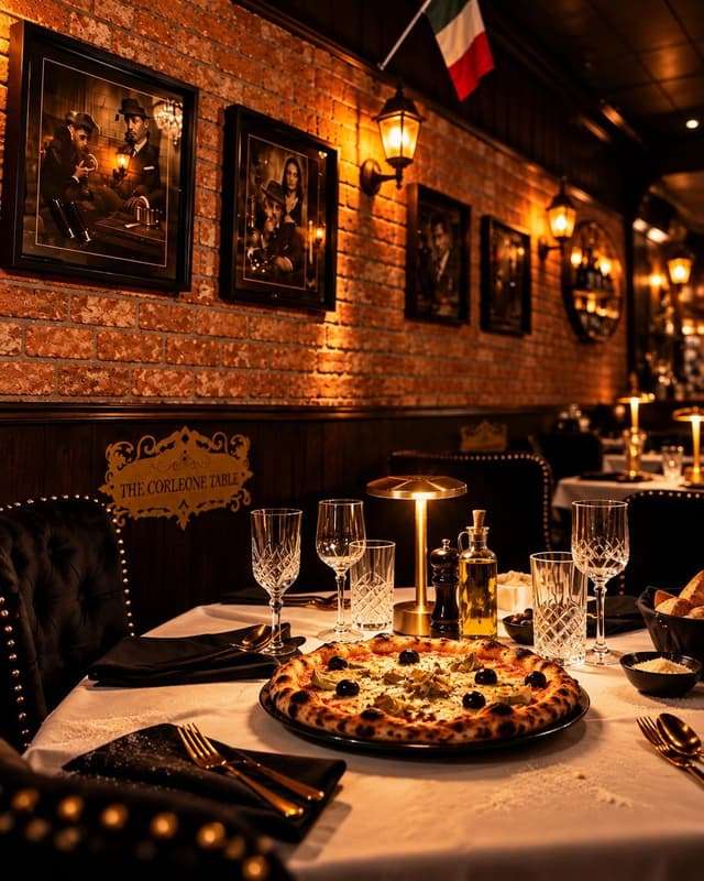 A set table at The Goodfellas Pizzeria under framed portraits on exposed brick, beside a plaque reading The Corleone Table.