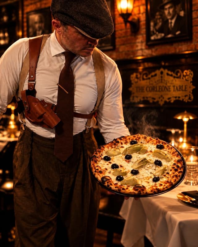 A pizza carried to the table in period dress at The Goodfellas Pizzeria, beside the Corleone Table plaque.