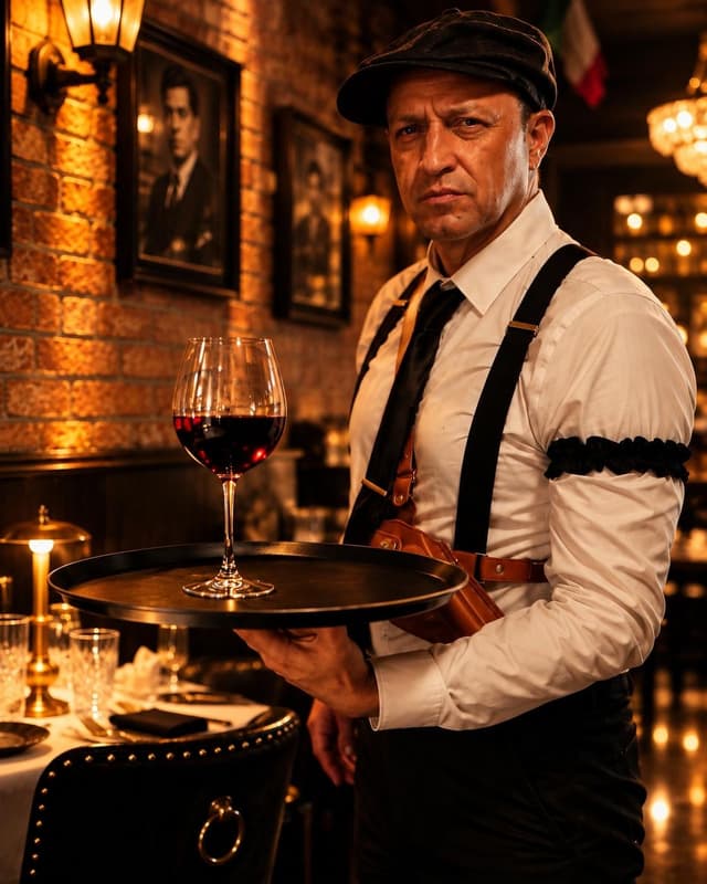 A server in 1920s dress carrying a glass of red wine at The Goodfellas Pizzeria.