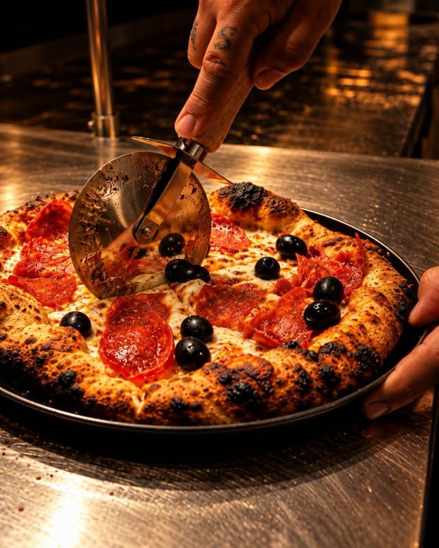A pepperoni and olive pizza being cut at the pass at The Goodfellas Pizzeria.
